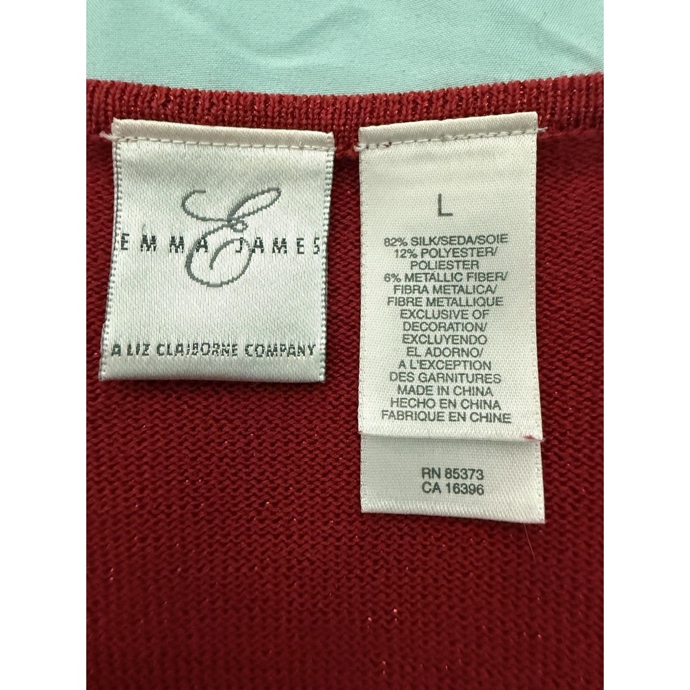Y2K Red Sparkle Beaded Sequins Button Up Sweater Sz L Cardigan Silk Blend - Picture 8 of 10